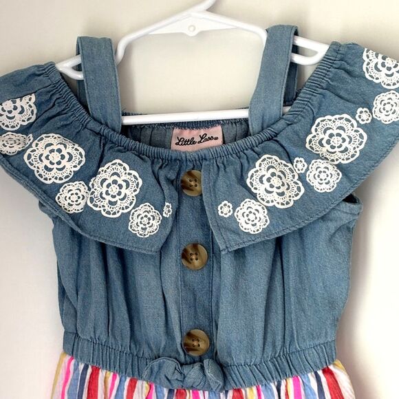 Little Lass Size 3T Denim & Cotton Pinstriped Ruffle Leg Wide Collar Jumpsuit #M - Picture 3 of 7